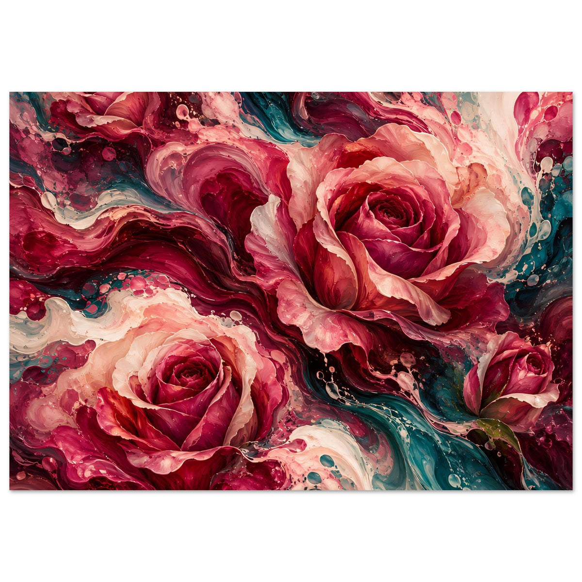 Blumenposter mit abstrakten Rosen in Rot- und Rosatönen, Türkisakzenten und Aquarellwirbeln
