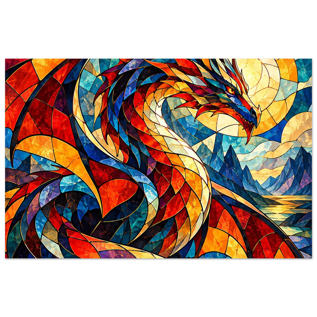 Drachen-Glasmalerei-Poster: fliegender Drache mit farbenfrohen Mosaikflügeln