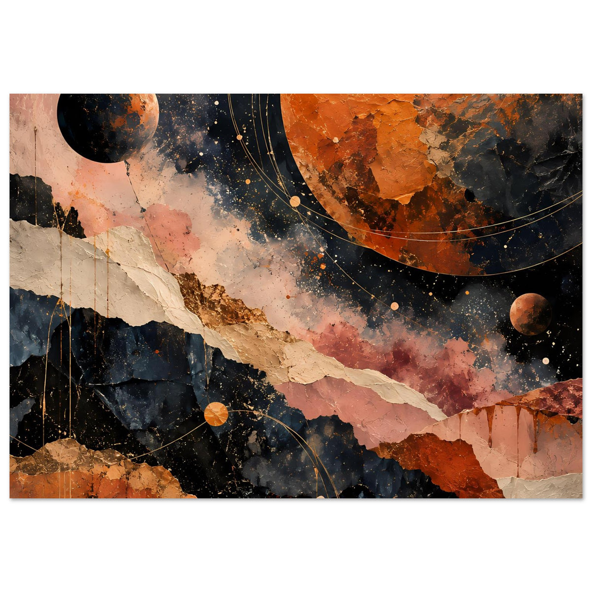 Abstraktes Kosmos-Landschafts-Poster (horizontal) in warmen Erdtönen mit Planeten und Bahnen.