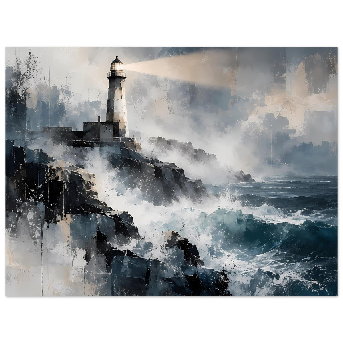 Maritimes Poster: Leuchtturm auf Klippen, Meeresbrandung und wolkig wirkende Blauflächen