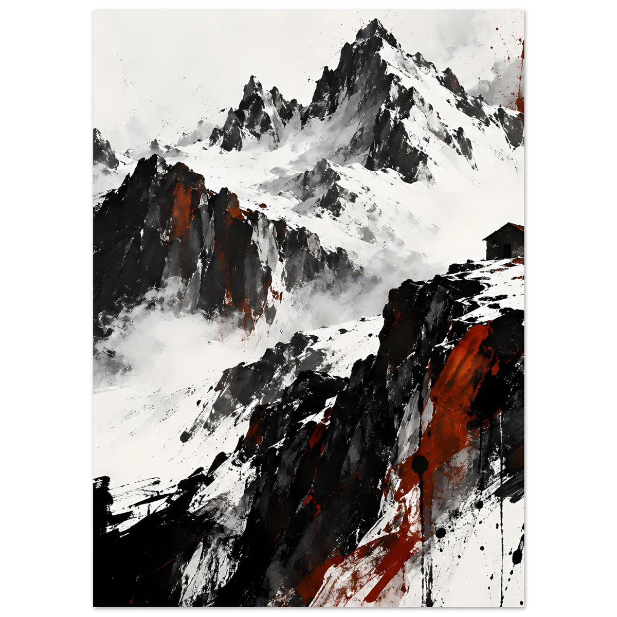 Poster Berggipfel in Schwarz‑Weiß mit roten Farbstreifen und Wolkennebel