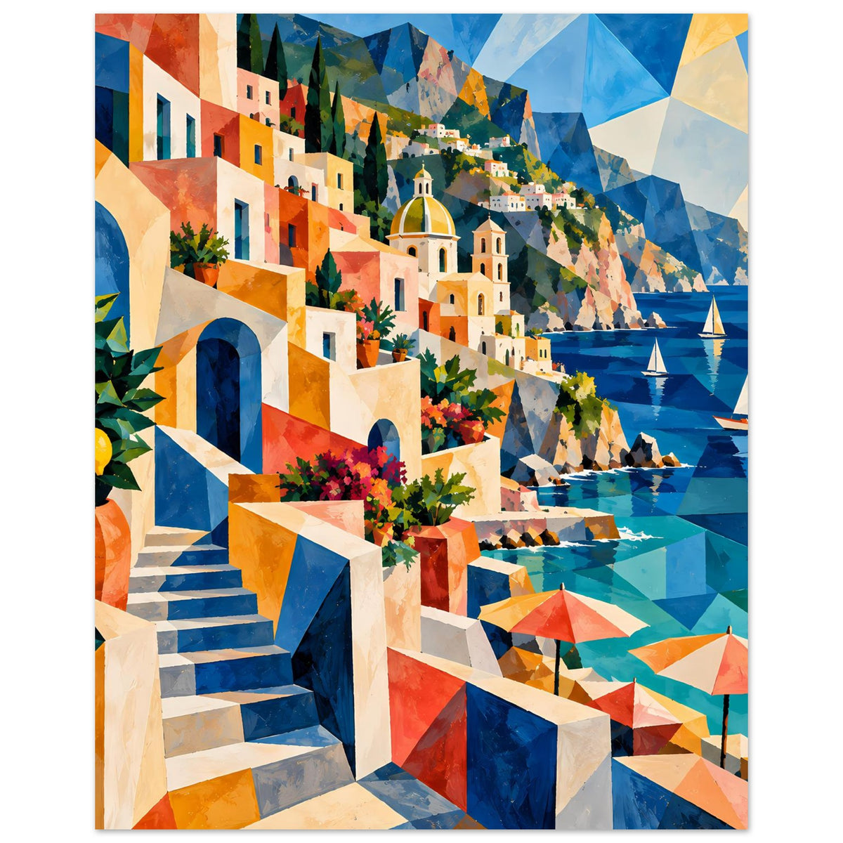 Kunstdruck: mediterrane Küste mit breiter Treppe, bunten Häusern, blauem Meer und Segelbooten