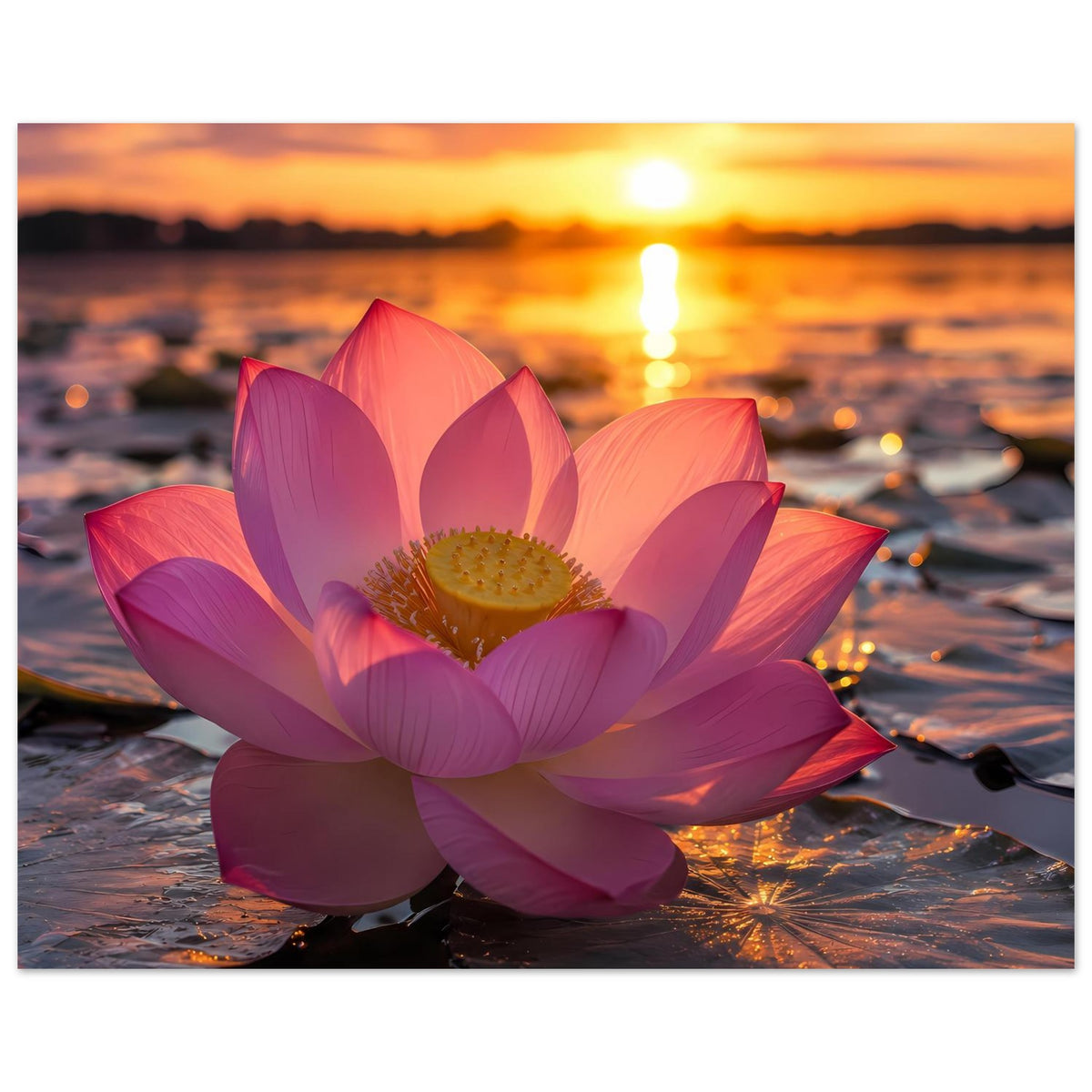 Blumenposter mit rosa Lotusblüte und orangefarbenem Sonnenuntergang am Seeufer im Motiv