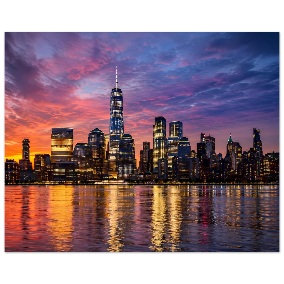 Stadtposter im Querformat mit New-York-Skyline bei Dämmerung und Wasserreflexen
