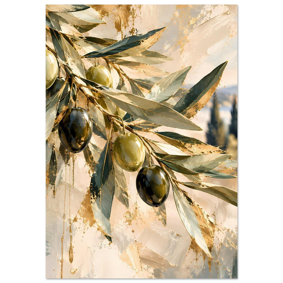 Kunstposter: Olivenzweige mit mehreren Oliven in Grün und Gold, modern abstrakte Pinselstruktur