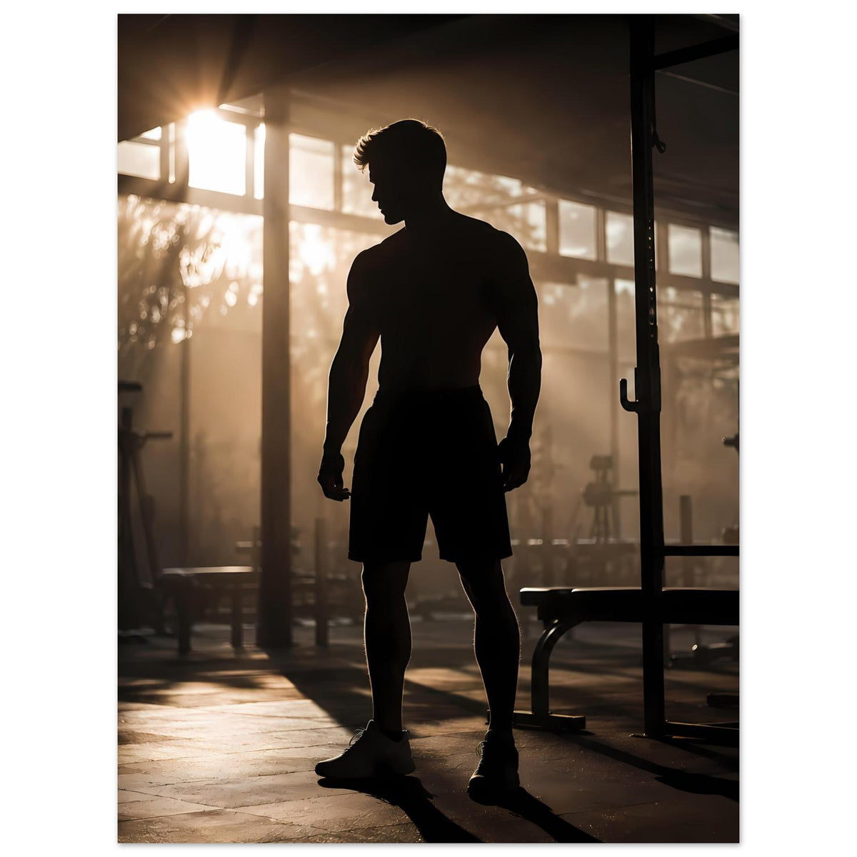 Fitness-Poster mit Sportler-Silhouette in Shorts und Sportschuhen, Vollkörperansicht