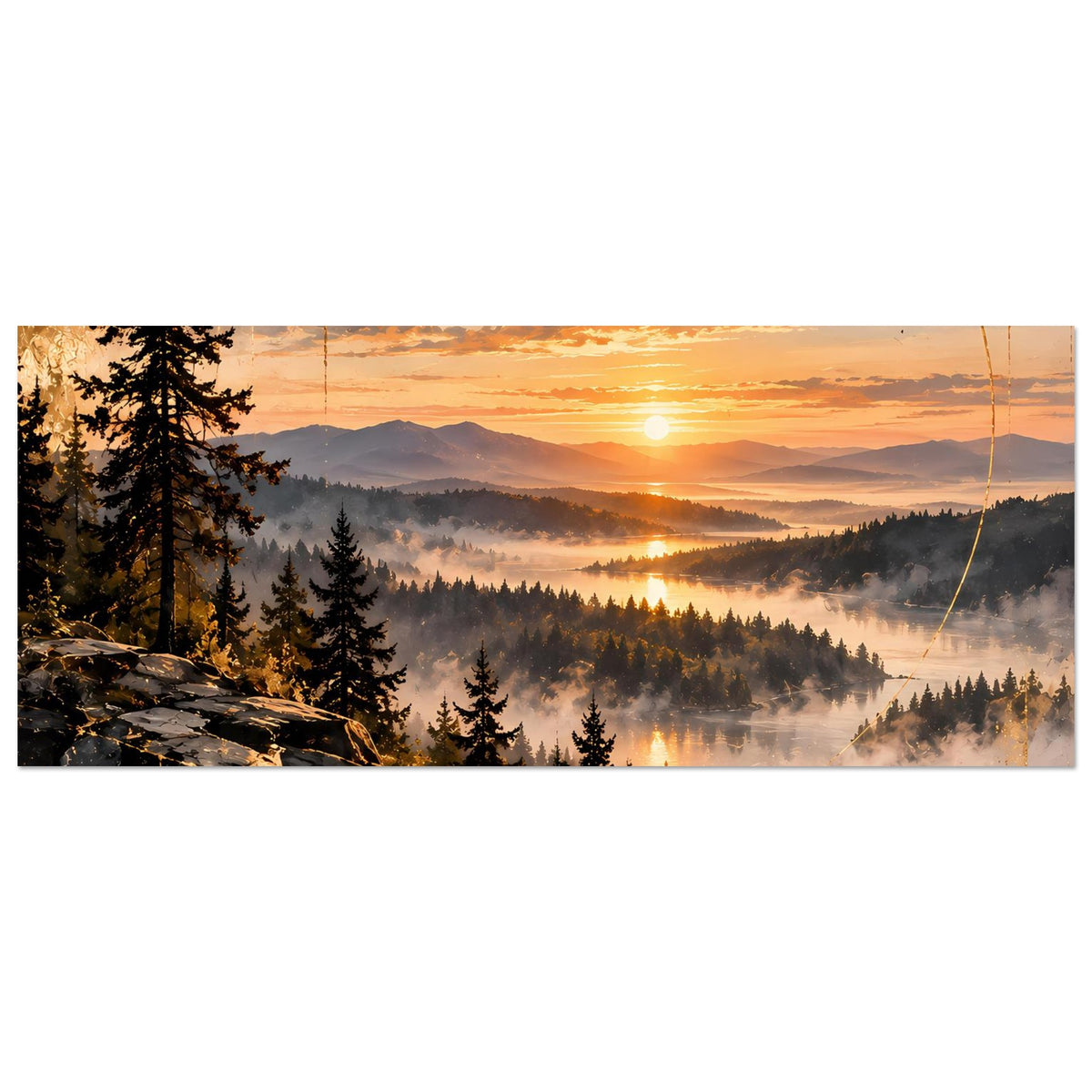 Landschaftsposter im Querformat mit Sonnenuntergang, Tannenwald und Nebel im Tal