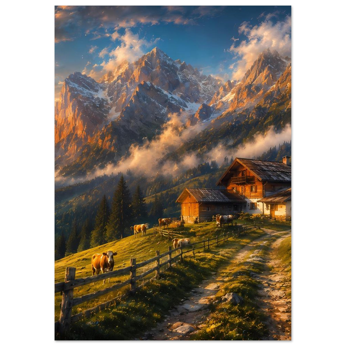 Alpenposter mit Almhütte rechts, Kühen am Zaun und Berggipfeln im Abendhimmel