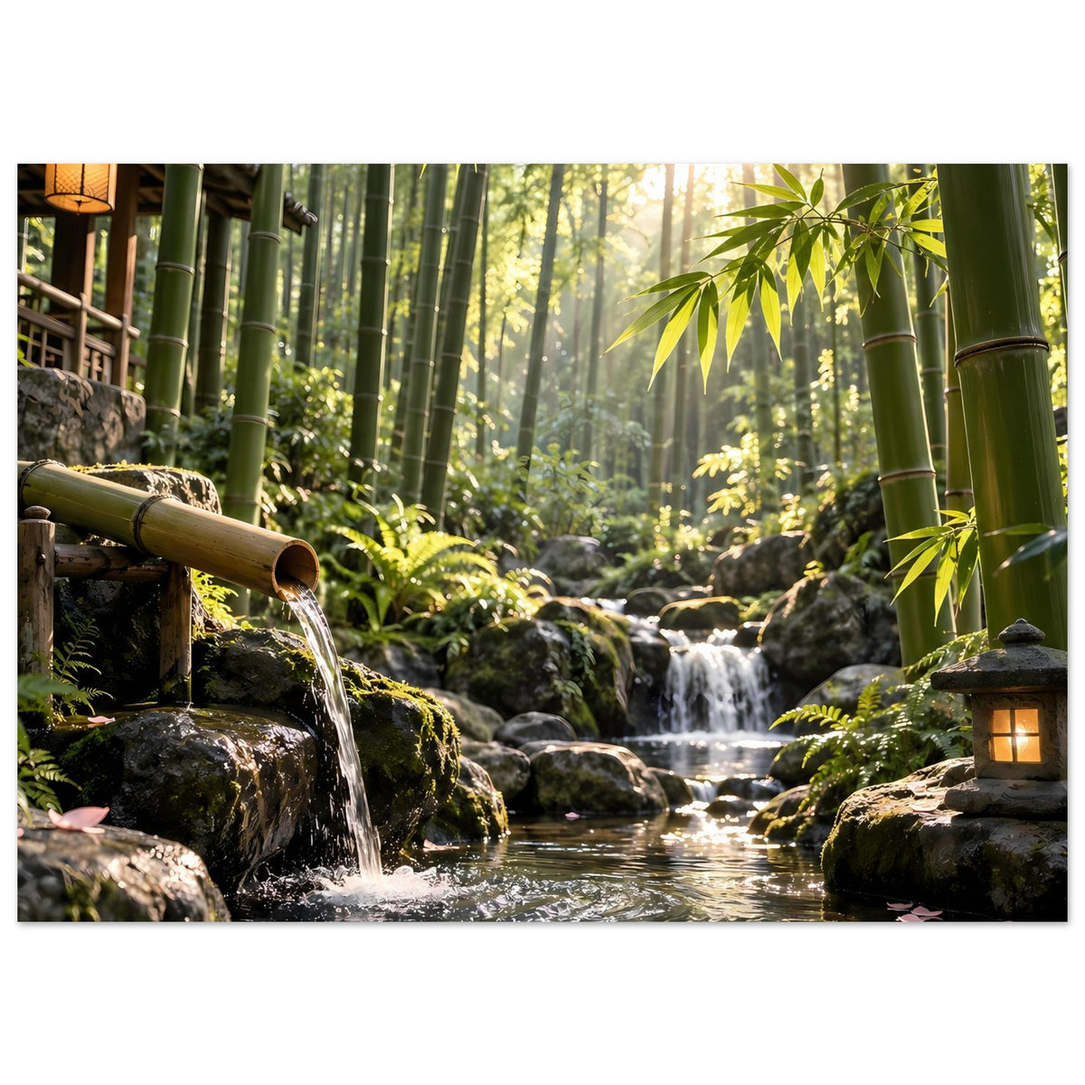 Horizontales Poster mit Bambuswald-Wasserfall, Wasserlauf über Felsen und Pflanzen