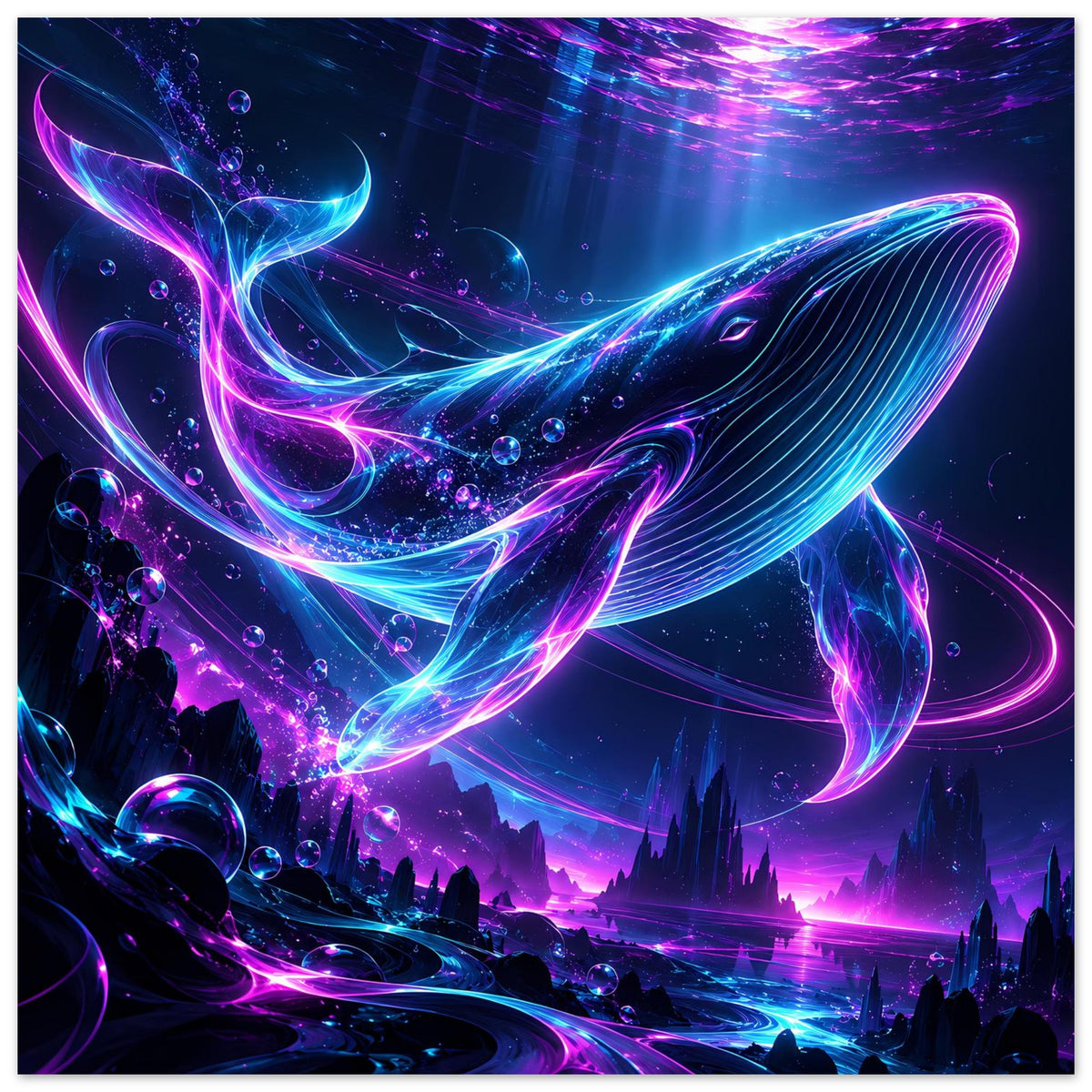 Quadratisches Unterwasserposter mit leuchtendem Neon-Wal in Pink und Blau, Hintergrund