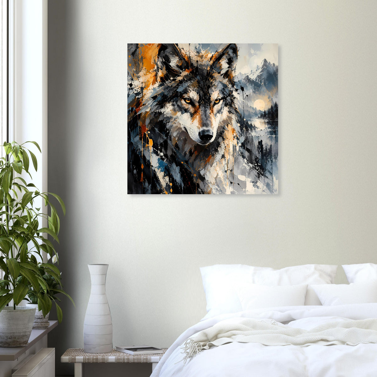 Abstraktes Wolf-Kunstposter, zentraler Wolfskopf in orange, grau und blau