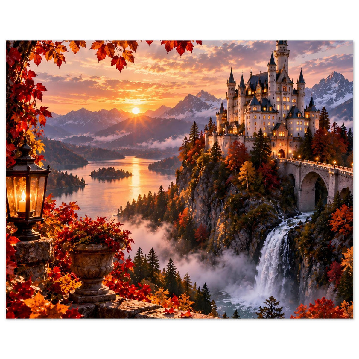 Herbstliches Schloss-Poster mit Sonnenaufgang, Nebel über dem Fluss und Wasserfall