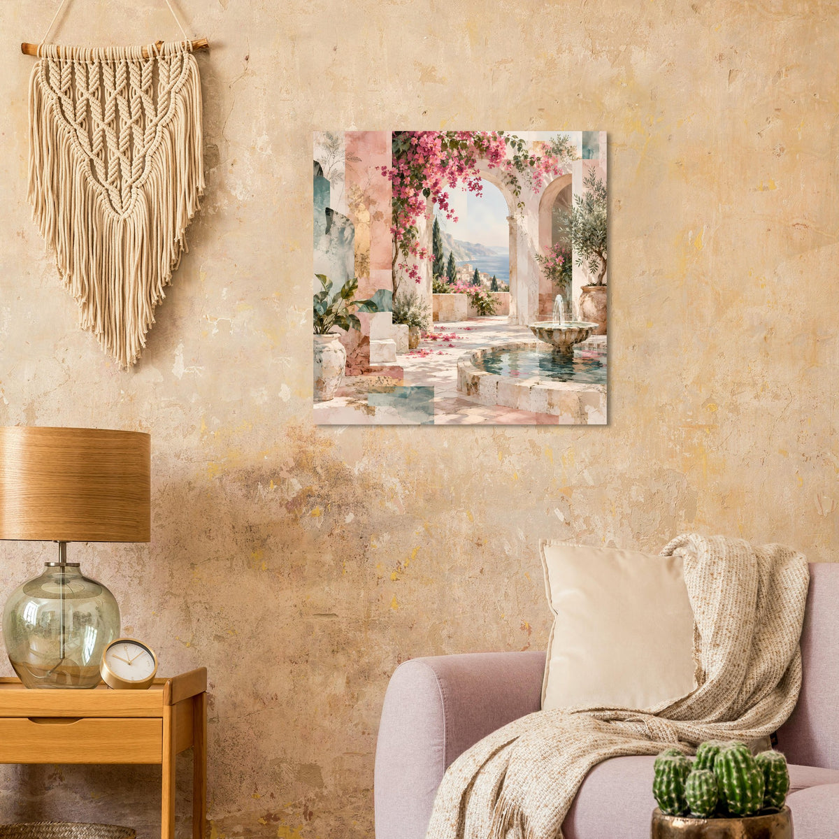 Kunstposter mit mediterraner Garten-Terrasse, Arkaden und Brunnen im Blumenmeer