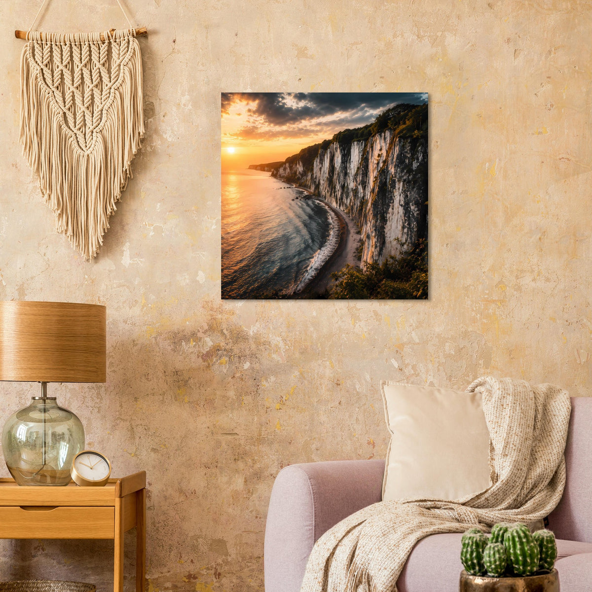 Poster mit Küstenlinie am Sonnenuntergang, Wasser und Felswand