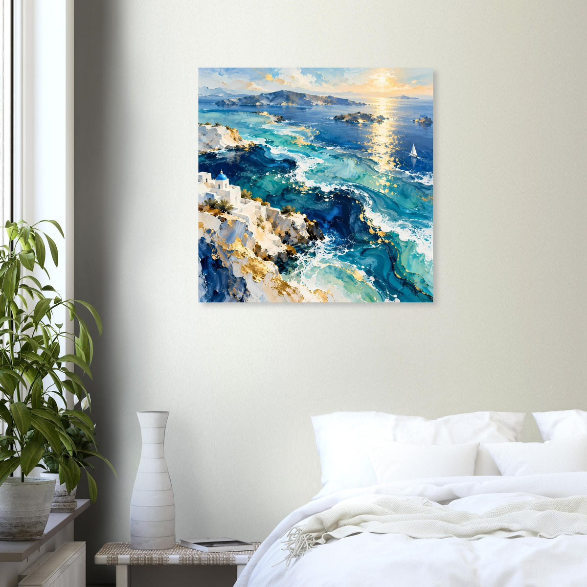 Posterdruck: weite Bucht mit blauen Wellen, goldener Abendsonne und weißen Häusern
