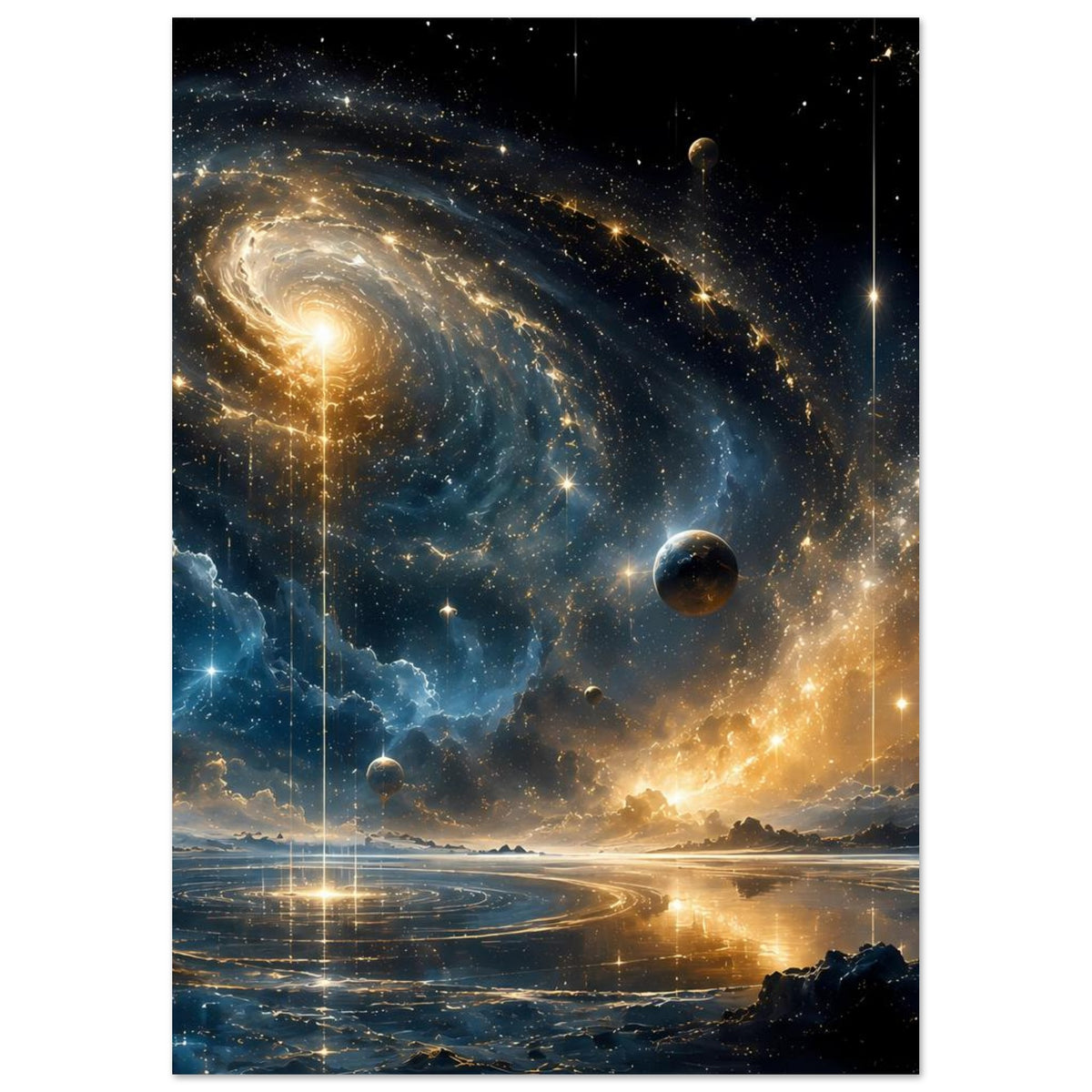 Weltraum-Poster mit Spiralgalaxie, Sternen und Planeten, darunter eine spiegelnde Wasserfläche