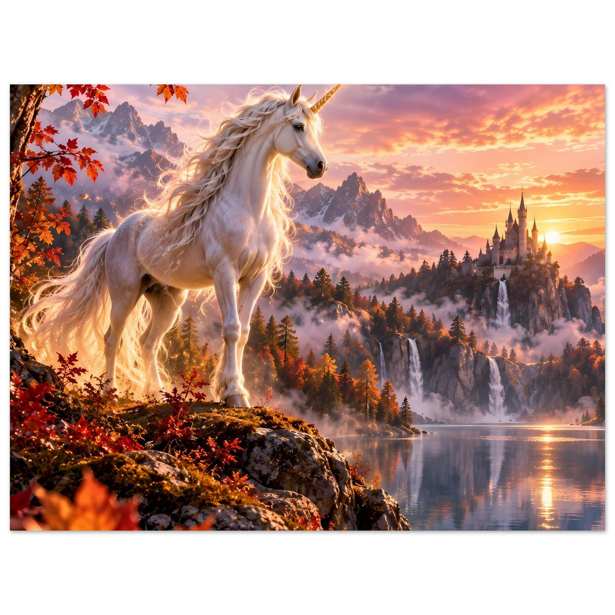 Fantasyposter: weißes Einhorn auf Felsen, leuchtende Mähne, Flussreflexe beim Sonnenuntergang