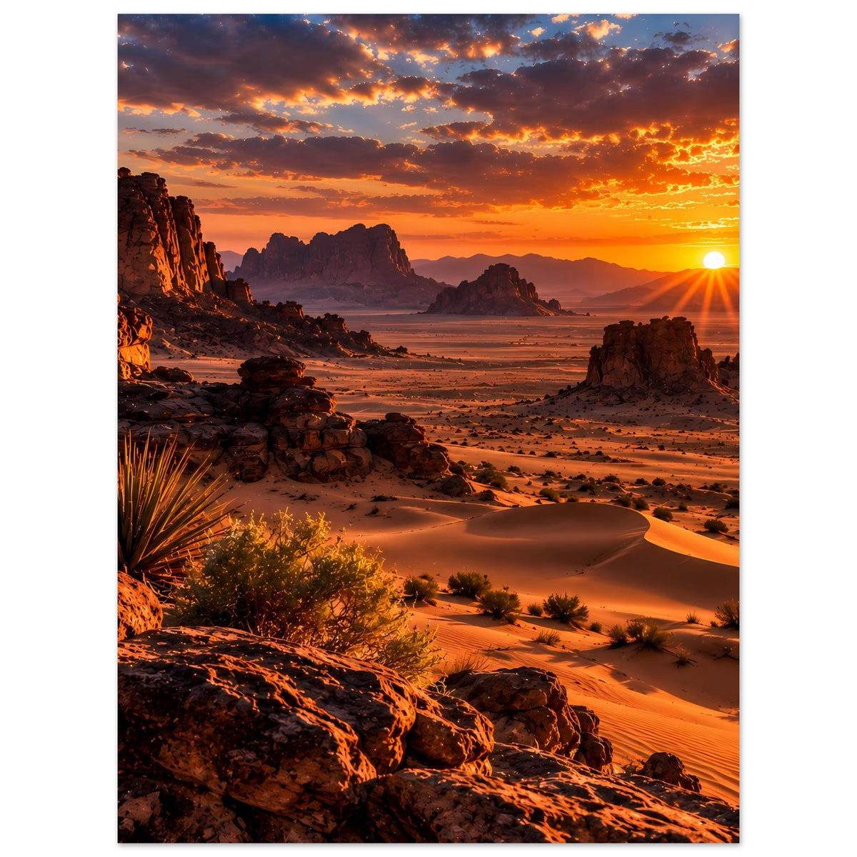 Vertikales Poster mit Wüstenlandschaft bei Sonnenuntergang, warmen Dünen und Felsruinen.