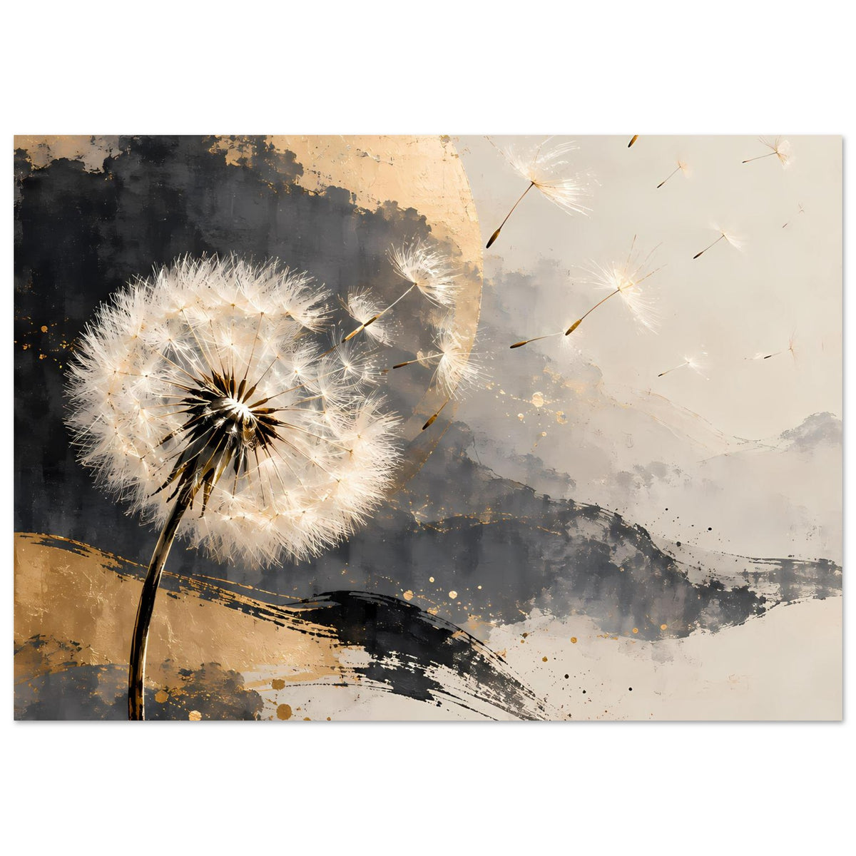 Kunstposter mit Pusteblume, hellem Hintergrund, goldene Akzente, graue Pinselspuren