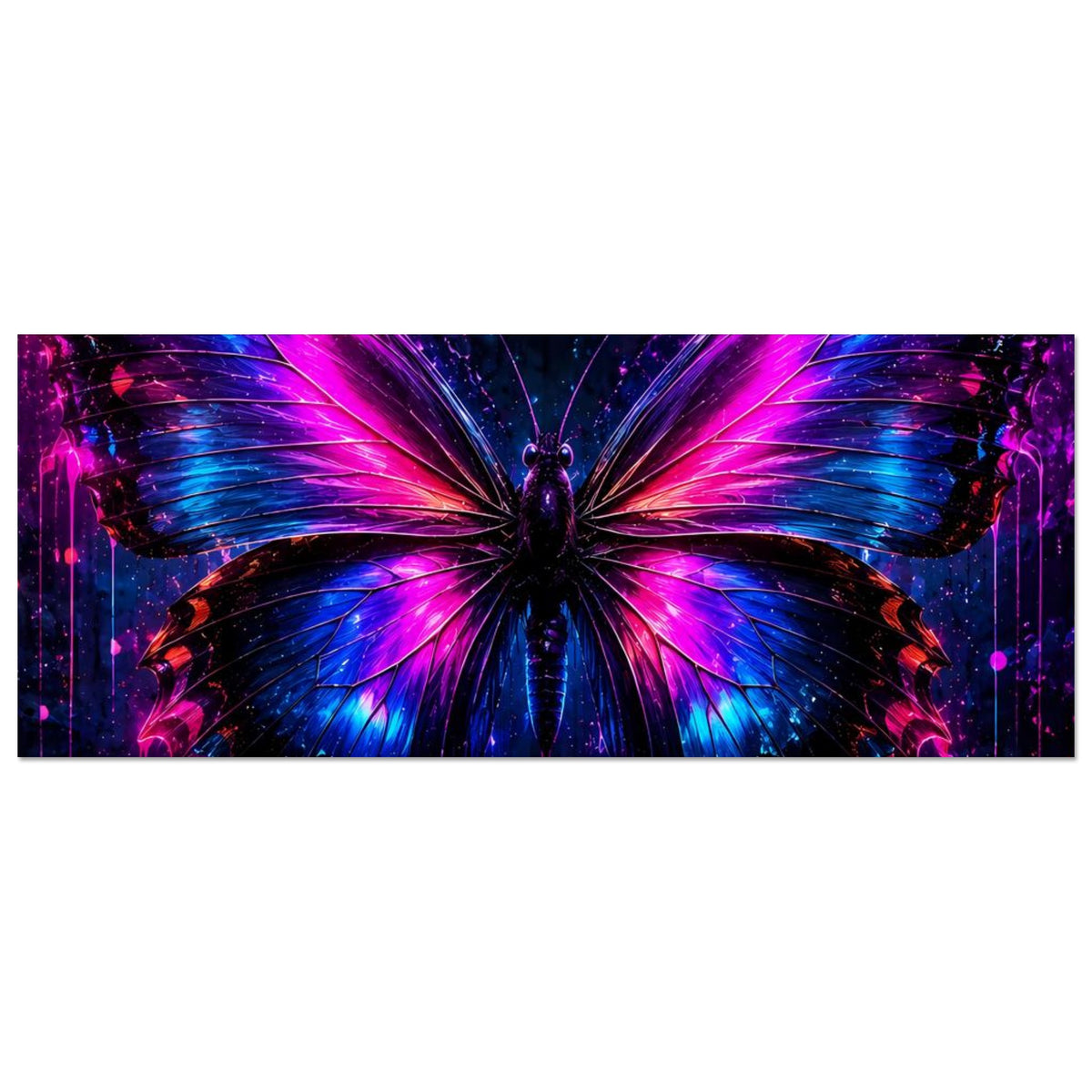 Schmetterlingsbanner mit Neon-Schmetterling, ausgebreiteten Flügeln, querformat