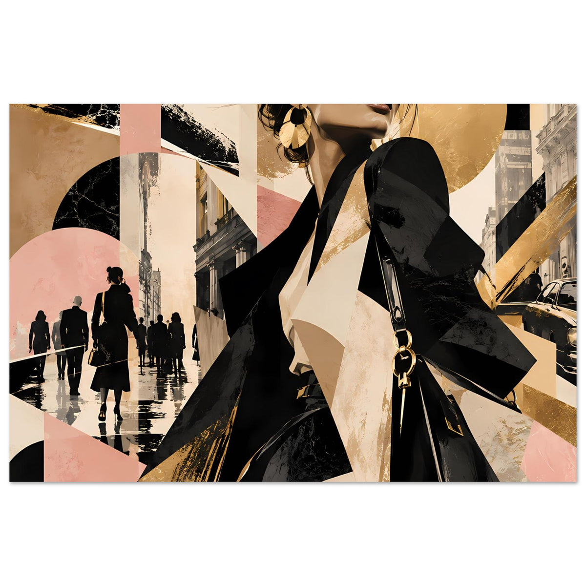 Poster im Querformat: Modeillustration mit Sonnenbrille, schwarze Tasche, kontrastreiche Geometrie