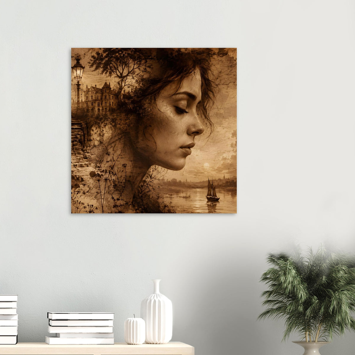 Quadratisches Sepia-Poster mit Frauenporträt im Profil und Landschaftsstimmung