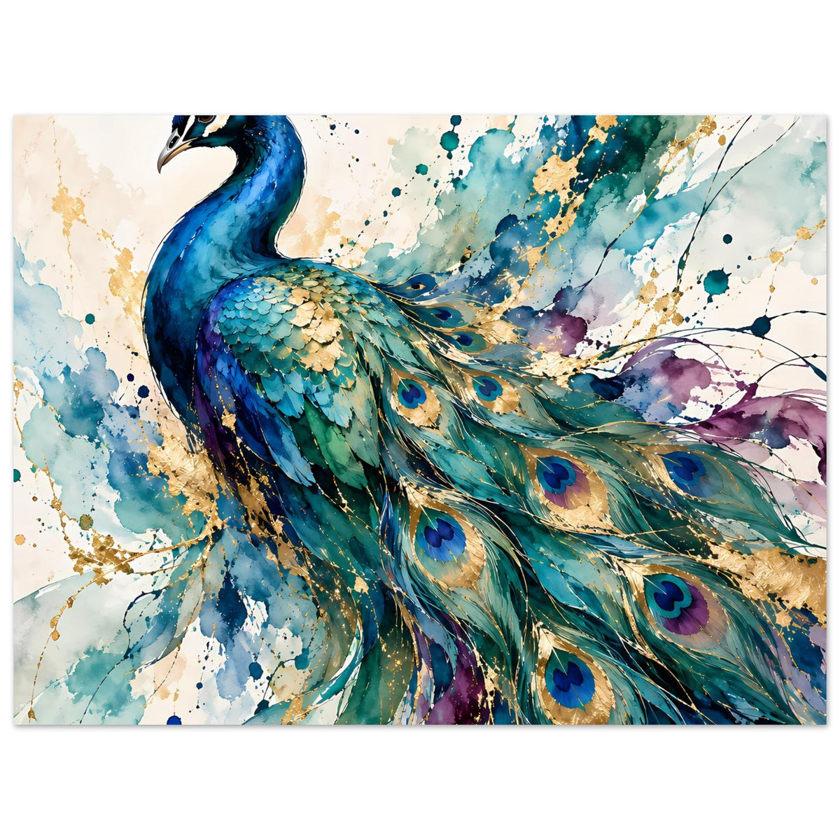 Aquarell-Pfau-Poster (Querformat) Nahansicht: blaues Gefieder und goldene Federmuster