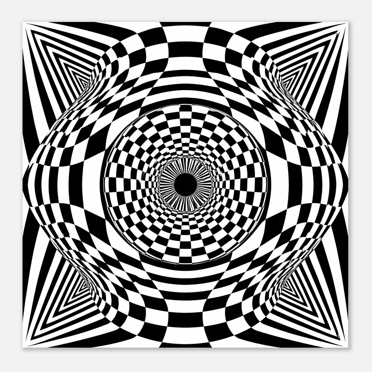 Schwarz-weißes Poster mit Schachbrettkreis, konzentrischen Ringen und hypnotischem Effekt