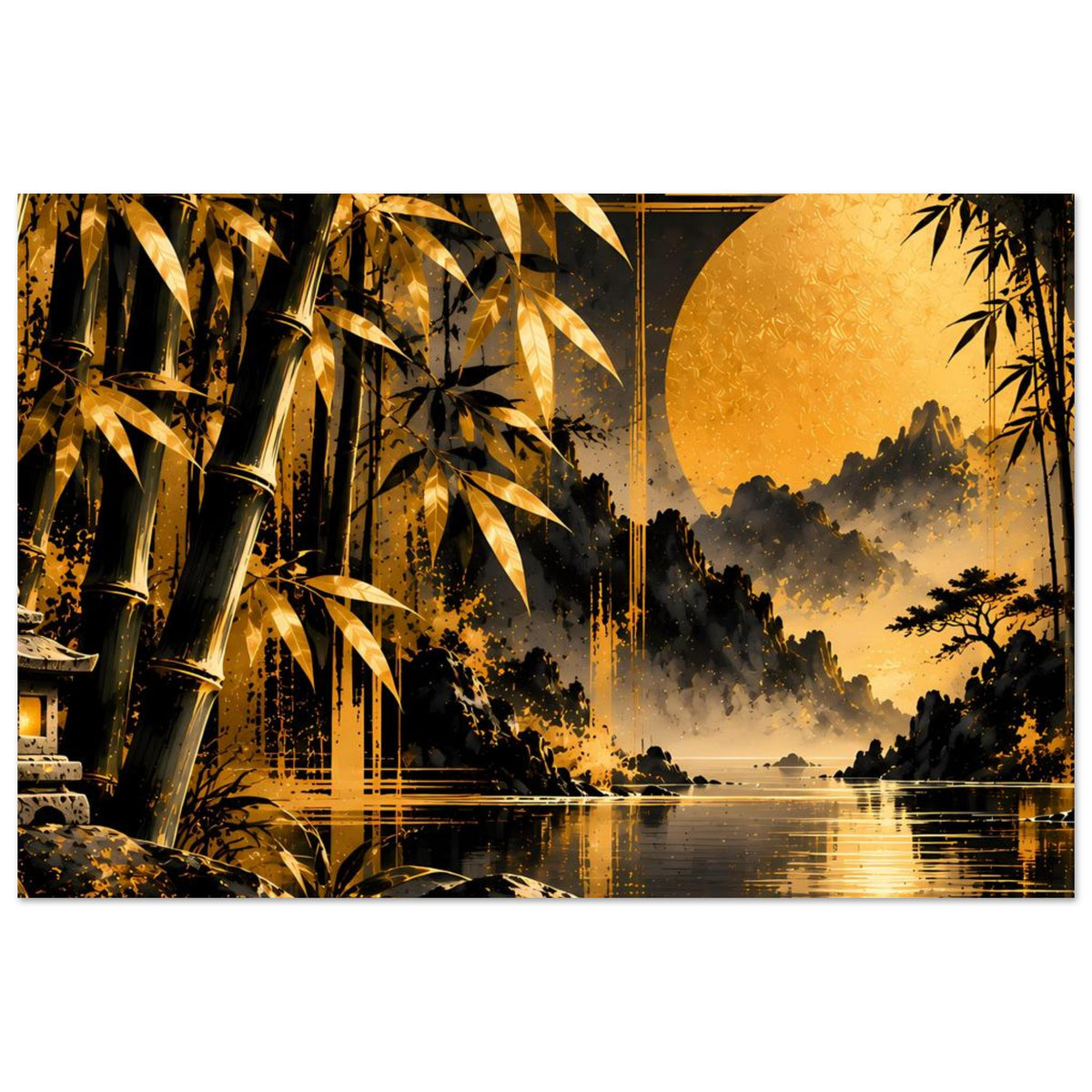 Poster: goldener Bambus links, Dschungelhügel im Nebel, gelber Mond und spiegelnder Fluss