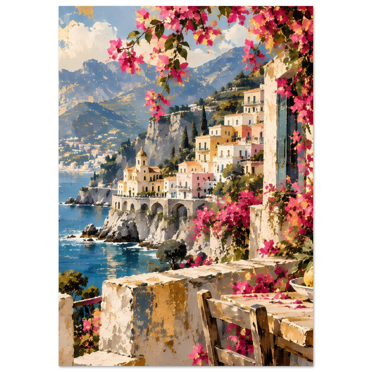 Hochformatiges Poster mit Meer, weißen Häusern und pinken Blüten über dem Balkon