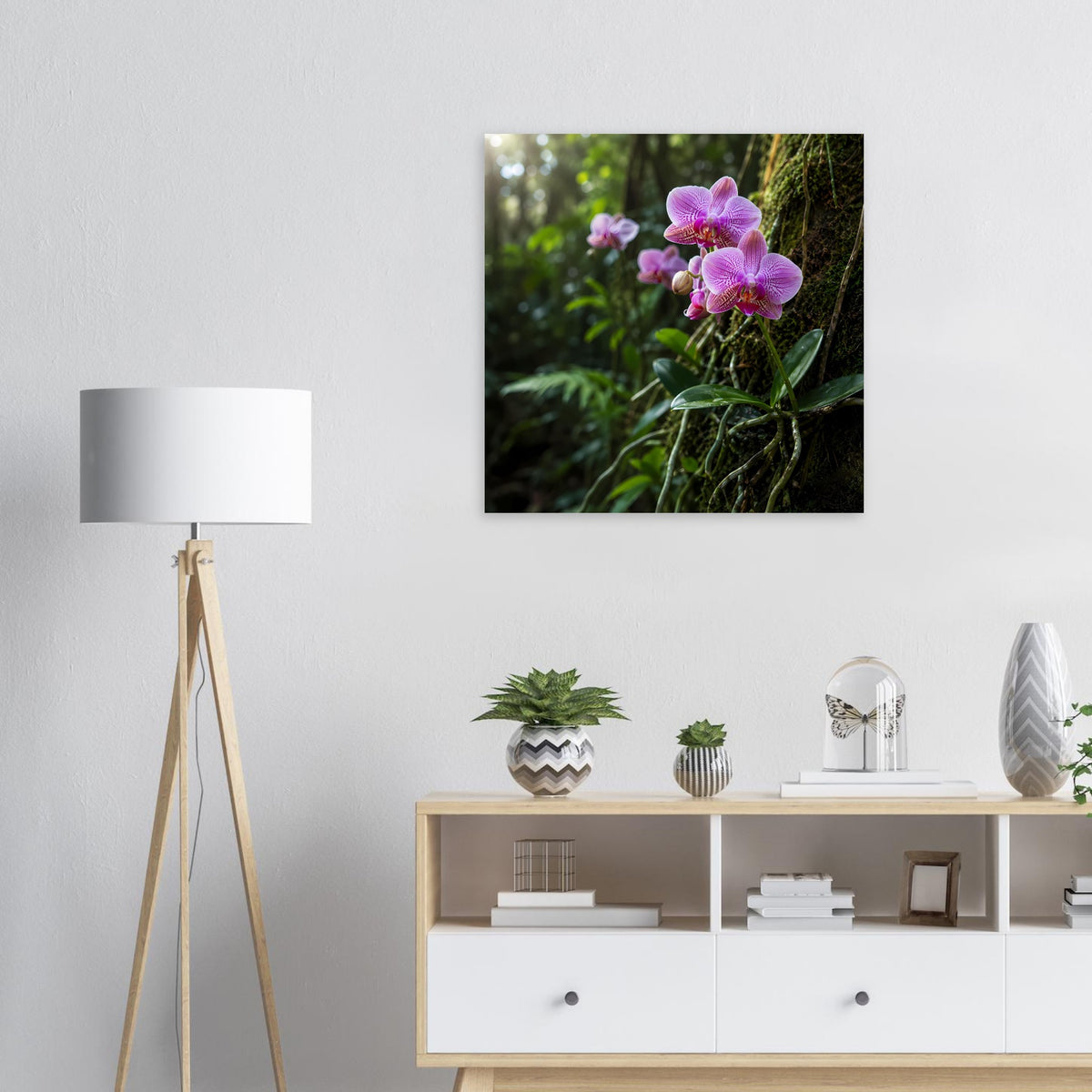 Quadratisches Wandposter mit rosa Orchideen und feinem botanischem Motiv