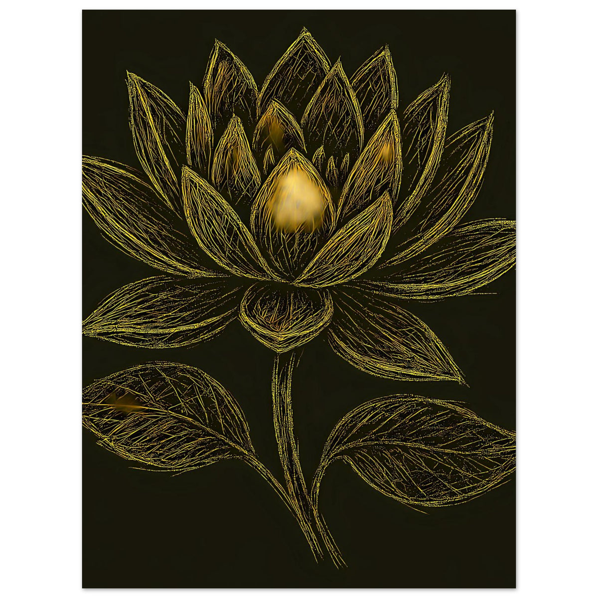 Poster mit goldener Lotusblüte und Blättern auf tiefschwarzem Grund