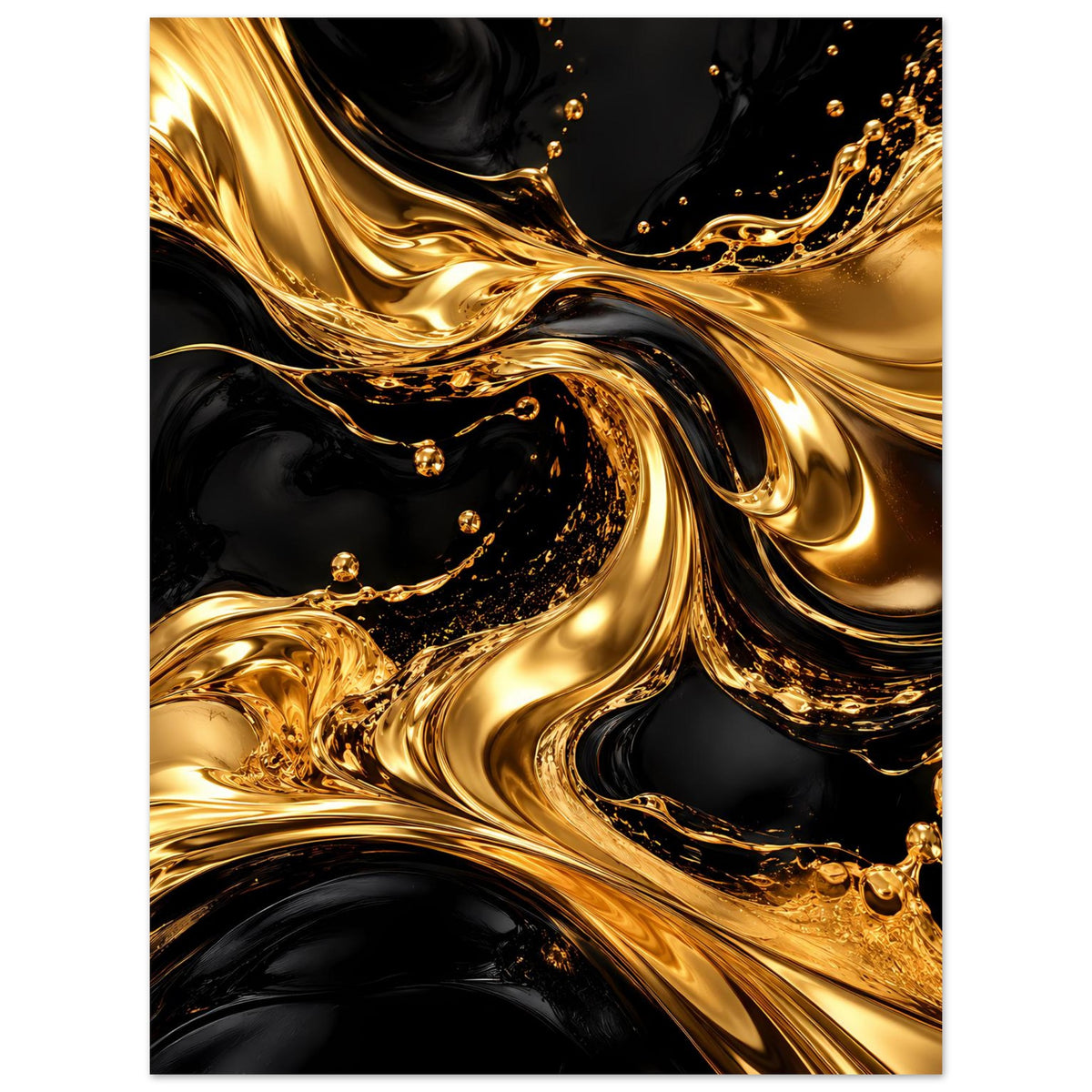 Luxusposter im Hochformat: goldene Strömungen mit kleinen Tropfen-Details auf Schwarz