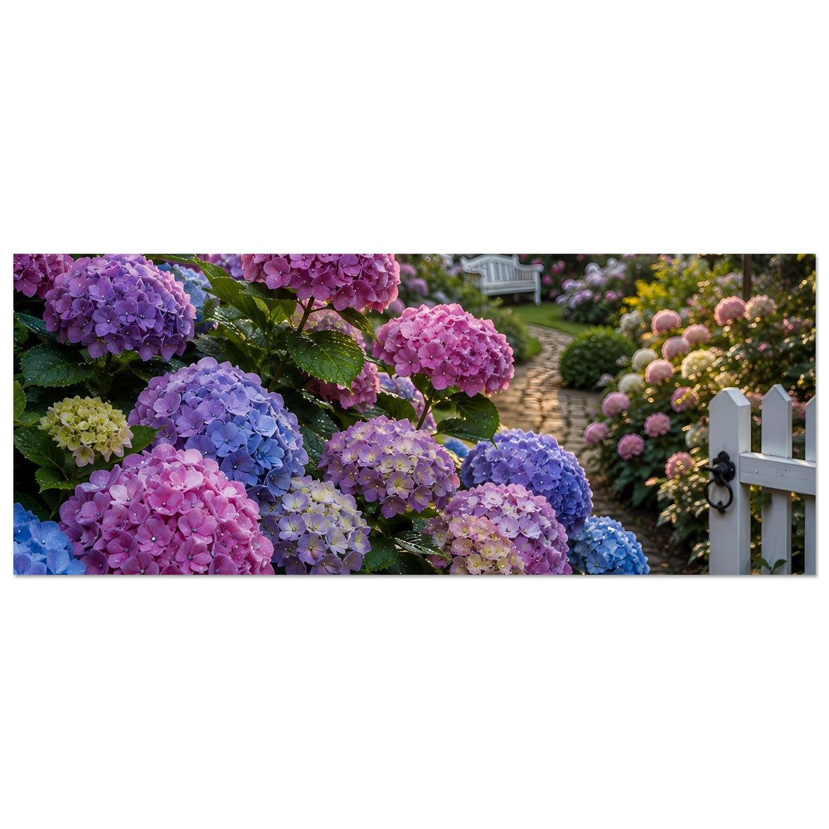 Horizontales Gartenposter mit bunten Hortensien und Gartenweg, daneben Blumenbeete