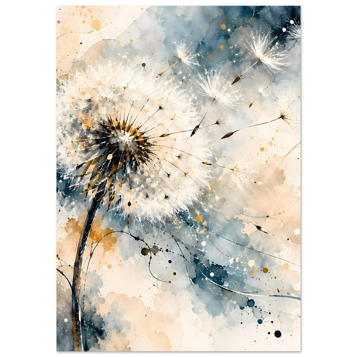 Vertikales Kunstposter mit mehreren Pusteblumen, Blau- und Goldtönen, mit Rand