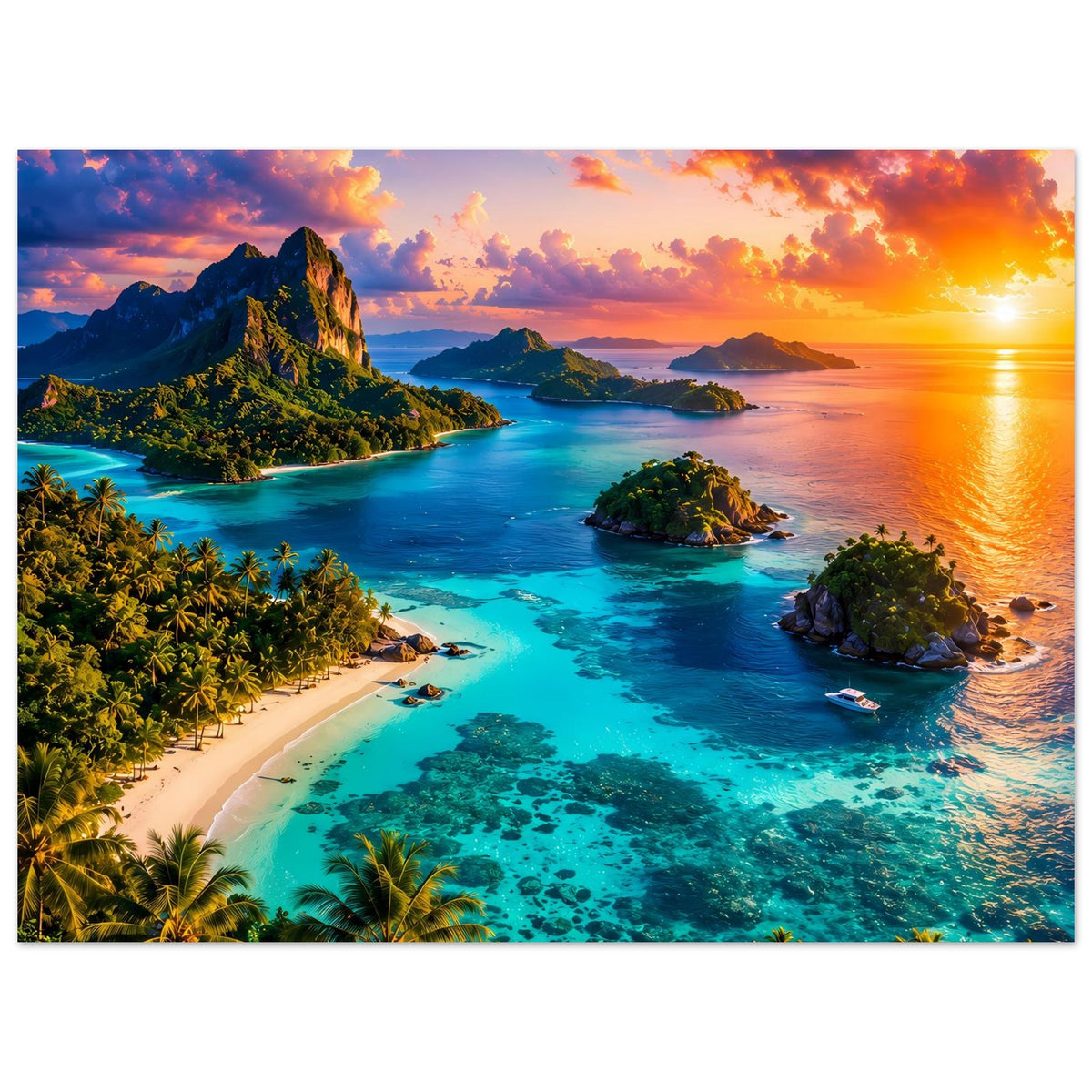 Vertikales Poster: Lagune in Türkis, Sandstrand und Felseninseln bei Sonnenuntergang