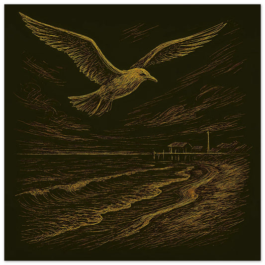 Poster: goldene Möwe im Flug über Wellen und Steg, dunkler Hintergrund