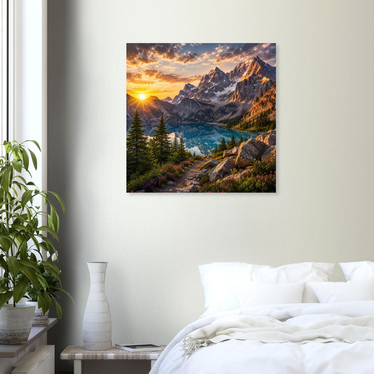Quadratisches Wandposter mit Bergsee, Sonnenstrahlen und Felsriff im Vordergrund