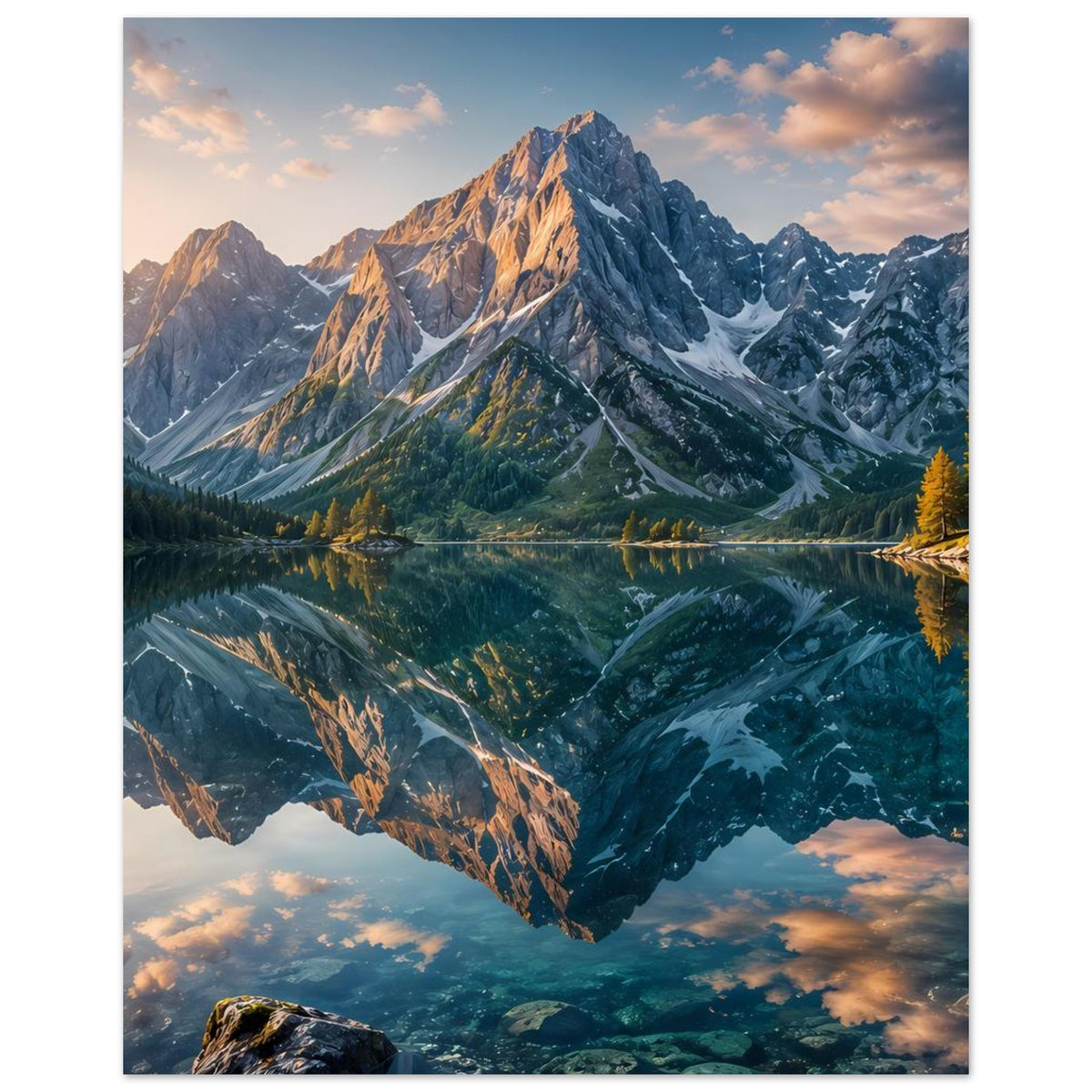 Vertikales Poster mit alpinen Bergen, spiegelndem See und goldenen Sonnenstrahlen