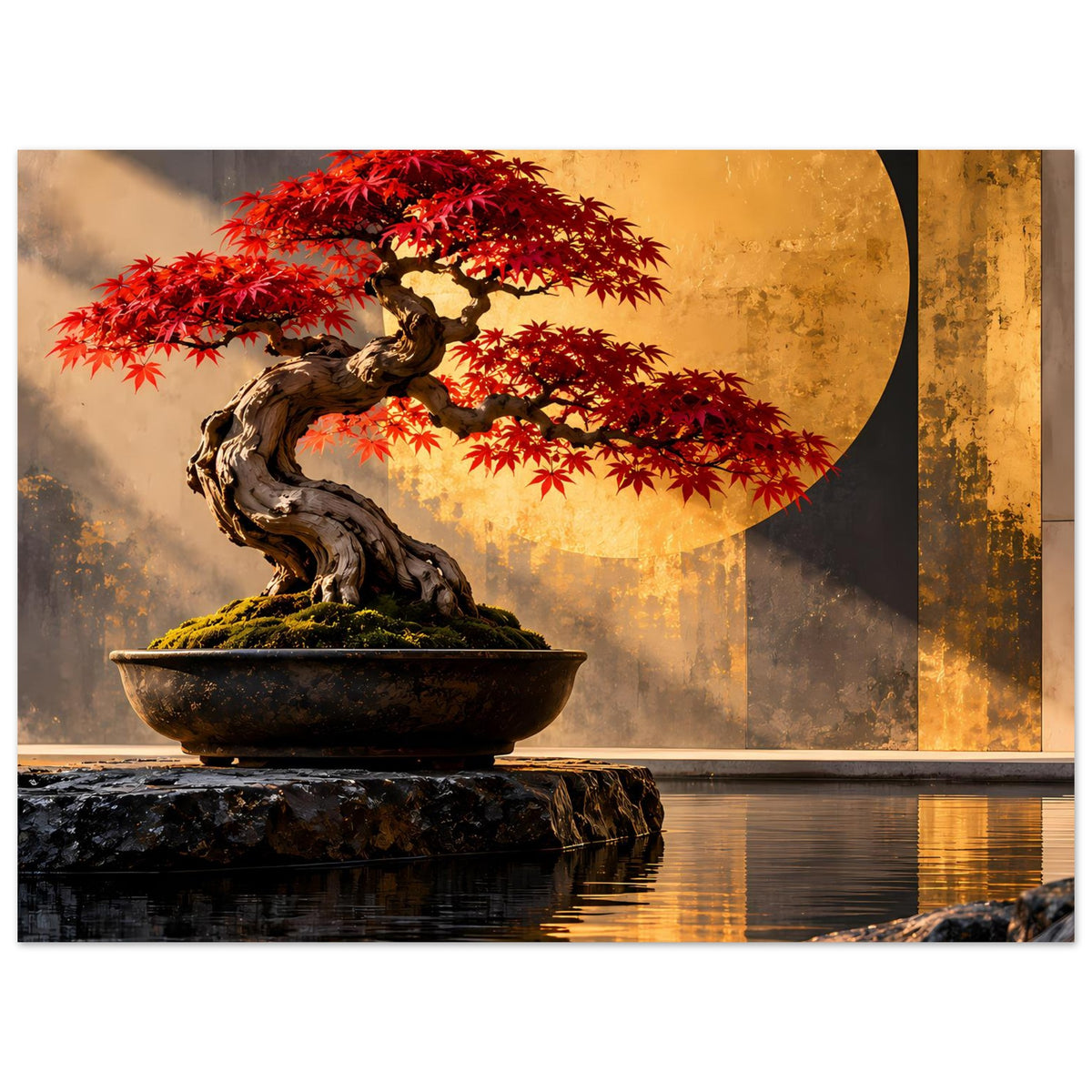Bonsai-Poster im Querformat: roter Ahornbonsai auf Stein, runde Sonne, Wasserreflexe