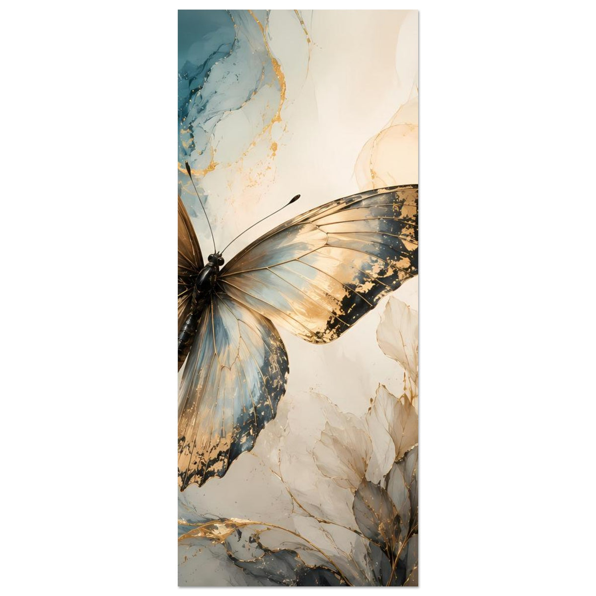Schmetterlingsposter im Hochformat: gold-blauer Schmetterling, cremefarbene Blätter