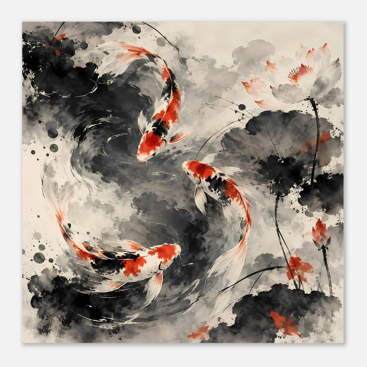 Poster mit Koi-Fischen im Tusche-Stil, große Fische in schwarz-grau, orange Akzente, querformat