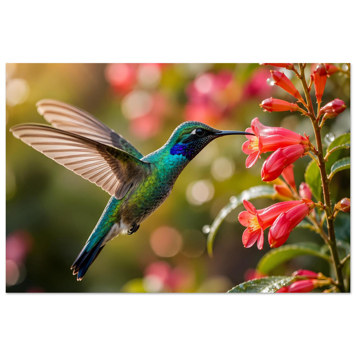 Poster mit Kolibri im Flug und roten Blüten, eingebettet in buntes Blütenlicht