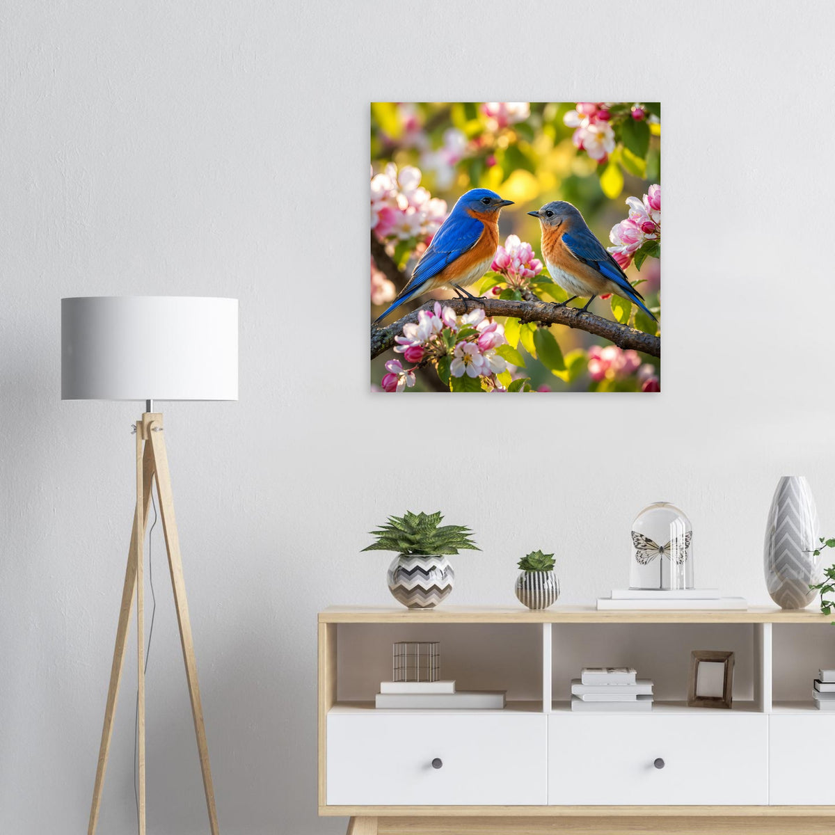 Poster mit zwei blauen Vögeln auf blühendem Ast, umgeben von rosa Blüten
