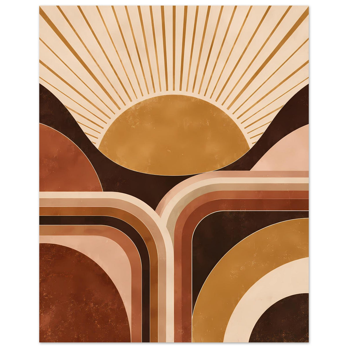 Retro Wandkunst: Sonnenbogen mit Strahlen, kombiniert mit großen Halbkreis-Architekturformen