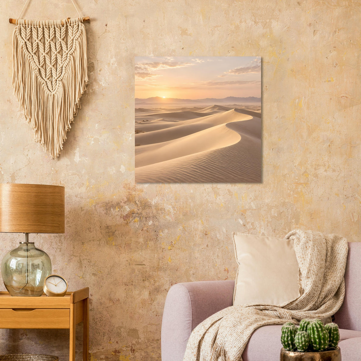 Wüstenposter mit Dünenlandschaft und goldenem Sonnenaufgang über weichen Sandkämmen
