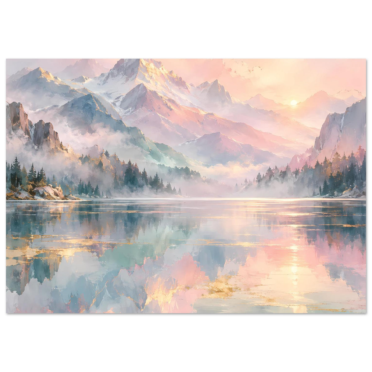 Horizontales Poster mit Pastell-Bergen, Nebel und reflektierendem See bei goldenem Licht.