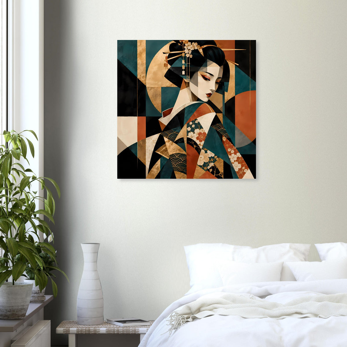 Quadratisches Kunstposter mit Geisha im Kimono und abstrakten Blockmustern in Türkis, Rot, Gold.