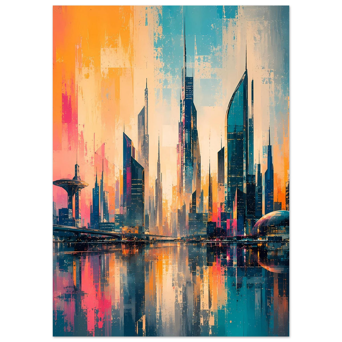Vertikales Stadtlandschafts-Poster mit Wolkenkratzern, Wasserreflexionen und orange-blaue Farbflächen
