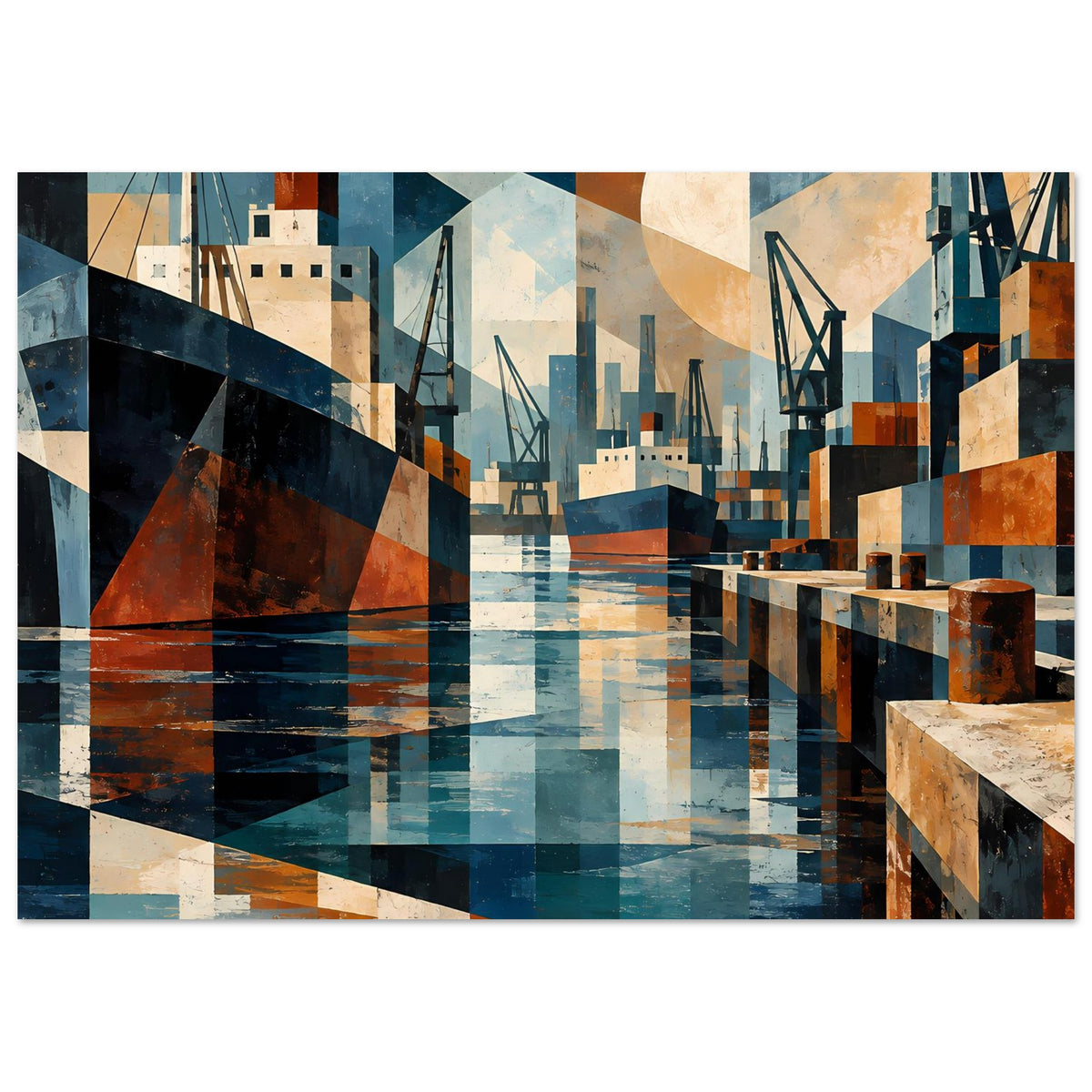 Kunstposter im Querformat mit Hafenmotiv: geometrische Kräne, Docks und Wasserflächen
